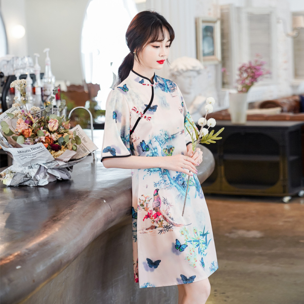 RM4041#改良旗袍时尚短款民族风夏装中国风复古定位花连衣裙