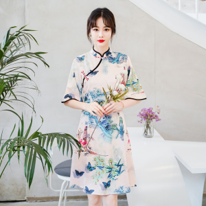 RM4041#改良旗袍时尚短款民族风夏装中国风复古定位花连衣裙