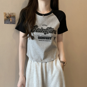 RM5292#韩版圆领短袖t恤女2023夏季新款设计感小众字母辣妹修身显瘦上衣