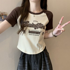 RM5292#韩版圆领短袖t恤女2023夏季新款设计感小众字母辣妹修身显瘦上衣