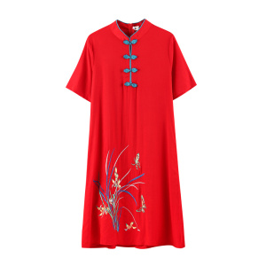 RM5125#春夏新款复古民族风时尚中国风柔丝斜刺绣改良旗袍