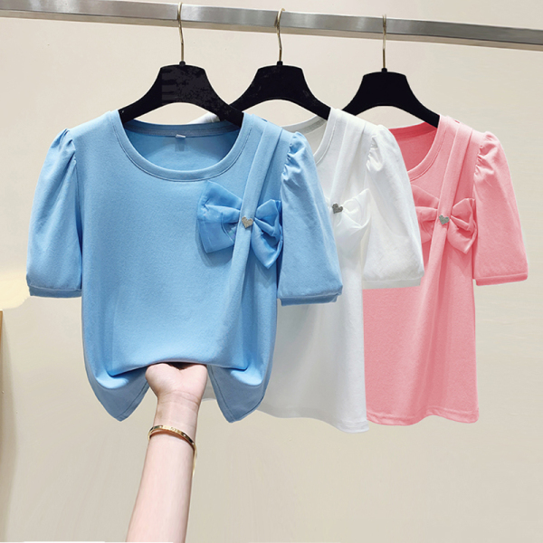 RM18072#新款女装圆领蝴蝶结短款夏季时尚短袖T恤女