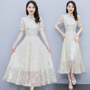 RM4392#旗袍领雪纺长袖连衣裙2023夏装新款长款气质仙女裙子到脚踝超仙