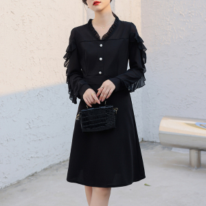 RM5079#夏季新款通勤木耳边拼接气质V领纯色韩版收腰中长款连衣裙