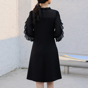 RM5079#夏季新款通勤木耳边拼接气质V领纯色韩版收腰中长款连衣裙