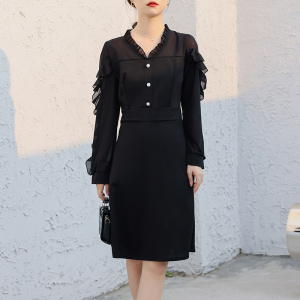 RM5079#夏季新款通勤木耳边拼接气质V领纯色韩版收腰中长款连衣裙