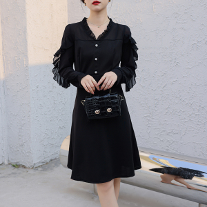 RM5079#夏季新款通勤木耳边拼接气质V领纯色韩版收腰中长款连衣裙