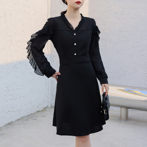 RM5079#夏季新款通勤木耳边拼接气质V领纯色韩版收腰中长款连衣裙