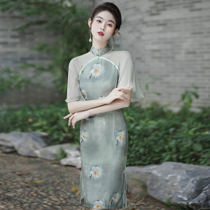 RM4646#绿色旗袍改良新款夏古法复古民国风年轻款高端小个子气质连衣裙子