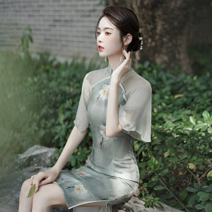 RM4646#绿色旗袍改良新款夏古法复古民国风年轻款高端小个子气质连衣裙子