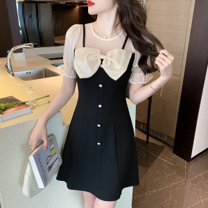 RM4355#夏季新款甜美减龄圆领网纱蝴蝶结假两件短款A字连衣裙