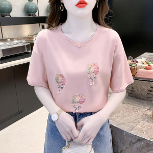 RM7230#韩版设计感刺绣图案白色t恤2023春夏新款宽松小个子学生短袖体恤