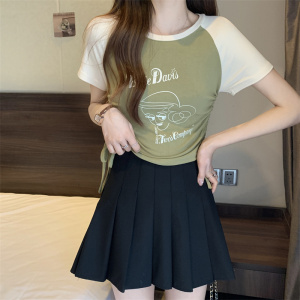 RM3835#夏季新款韩版学院风短款高腰纯棉短袖T恤女印花抽绳