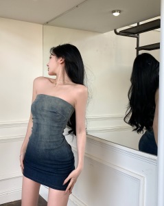 RM3645#时尚渐变抹胸牛仔连衣裙女显瘦设计感小众气质短裙