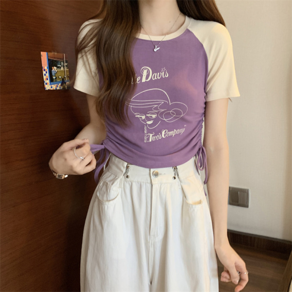 RM3835#夏季新款韩版学院风短款高腰纯棉短袖T恤女印花抽绳