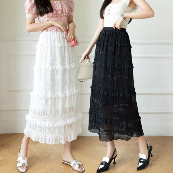 RM5331#春夏法式高腰中长设计感甜美重工荷叶边仙女压褶蛋糕裙