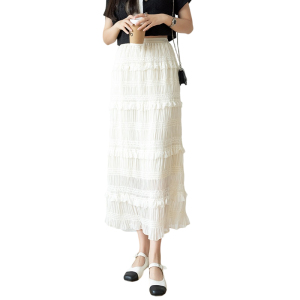 RM5331#春夏法式高腰中长设计感甜美重工荷叶边仙女压褶蛋糕裙
