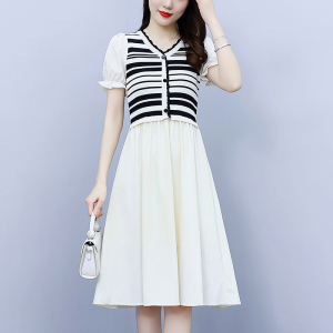 RM3633#大码女装2023夏季新款韩版条纹显瘦拼接V领针织连衣裙