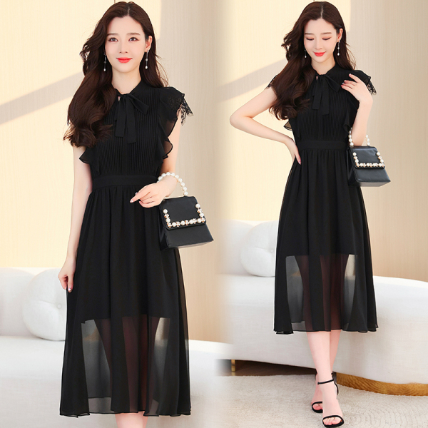 RM5845#夏季新款黑色设计感蕾丝雪纺连衣裙女气质轻熟风无袖长裙