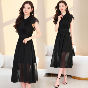 RM5845#夏季新款黑色设计感蕾丝雪纺连衣裙女气质轻熟风无袖长裙