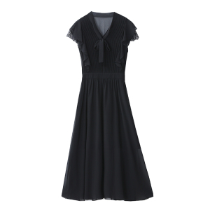 RM5845#夏季新款黑色设计感蕾丝雪纺连衣裙女气质轻熟风无袖长裙