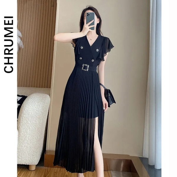 RM3723#夏季新款黑色气质减龄连衣裙高级感修身显瘦收腰百褶侧开叉裙子女