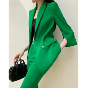 TR15471# 绿色西装套装夏款高级感休闲修身显瘦双排扣西服微喇长裤子两件套 服装批发女装服饰货源