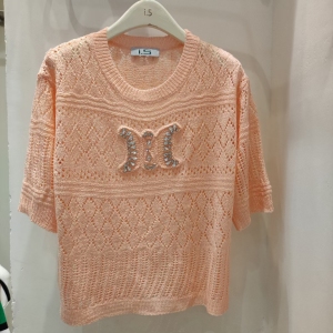 RM3434#春夏小众设计感镶钻镂空针织衫时尚洋气圆领宽松百搭T恤上衣