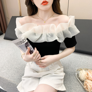 RM16946#别致短袖T恤女韩版紧身一字肩拼接花边减龄显瘦百搭性感上衣