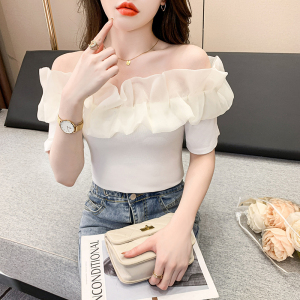 RM16946#别致短袖T恤女韩版紧身一字肩拼接花边减龄显瘦百搭性感上衣