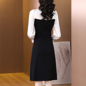 RM8024#法式优雅拼接黑色连衣裙女2023春季新款收腰显瘦设计感