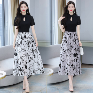 RM5844#欧根纱拼接连衣裙女短袖2023夏季新款复古气质收腰显瘦大摆裙长裙