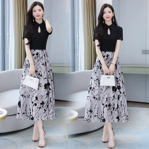 RM5844#欧根纱拼接连衣裙女短袖2023夏季新款复古气质收腰显瘦大摆裙长裙