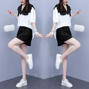 RM4421#夏季新款韩版大码女装休闲时尚百搭上衣+短裤两件套套装