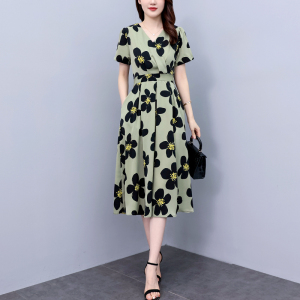 RM5044#大码女装2023夏季新款韩版修身收腰气质显瘦系带印花连衣裙V领