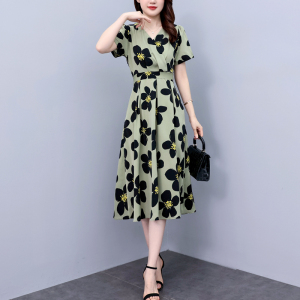 RM5044#大码女装2023夏季新款韩版修身收腰气质显瘦系带印花连衣裙V领