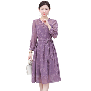 RM7079#新款欧货设计感花色长袖连衣裙妈妈装高贵收腰显瘦中长裙