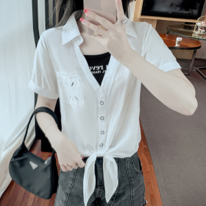 RM6808#夏季新款韩版宽松假两件拼接短袖衬衫女设计感小众雪纺上衣潮