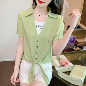 RM6808#夏季新款韩版宽松假两件拼接短袖衬衫女设计感小众雪纺上衣潮