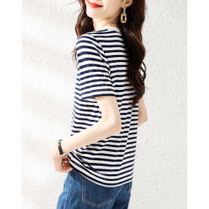RM14549#夏季时尚简约休闲优雅蕾丝拼接设计感条纹T恤