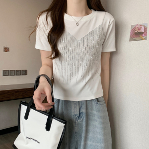 RM13122#法式重工烫钻短袖t恤女夏季韩版正肩短款上衣设计感洋气体恤