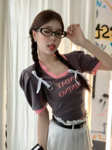 TR35062# 新款韩版字母印花撞色拼接方领短袖T恤泡泡袖上衣女 服装批发女装批发服饰货源