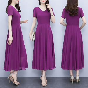 RM20457#紫色长款大摆收腰连衣裙女2023年夏季新款显瘦淑女度假雪纺长裙子