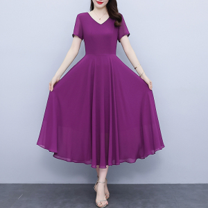RM20457#紫色长款大摆收腰连衣裙女2023年夏季新款显瘦淑女度假雪纺长裙子