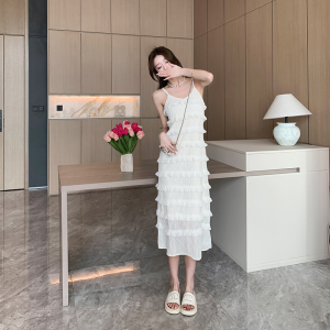 RM4389#温柔风法式白色吊带连衣裙超仙海边度假长裙层层蛋糕裙