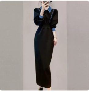 RM3260#法式显瘦气质职业长袖连衣裙 新款别致高级感黑色中长裙女