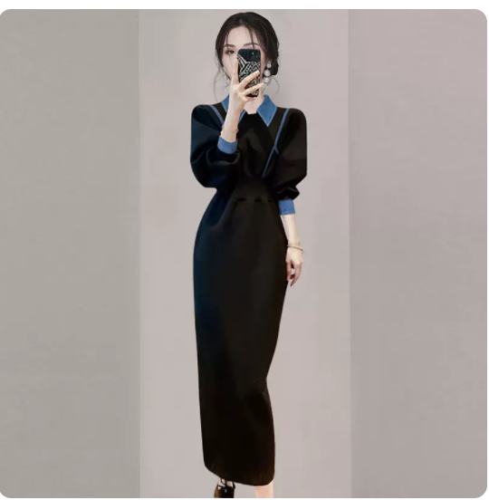 RM3260#法式显瘦气质职业长袖连衣裙 新款别致高级感黑色中长裙女