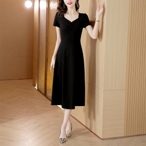 RM4127#夏装新款黑色方领连衣裙收腰显瘦气质长款赫本风小黑裙女夏季