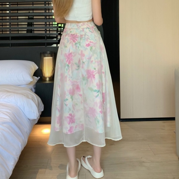 RM14483#韩版春夏季新款温柔优雅拼软纱半身裙女中长款小个子碎花半裙