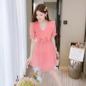 RM14456#法式小众V领雪纺连衣裙女夏季新款薄款设计感收腰荷叶边粉色茶歇